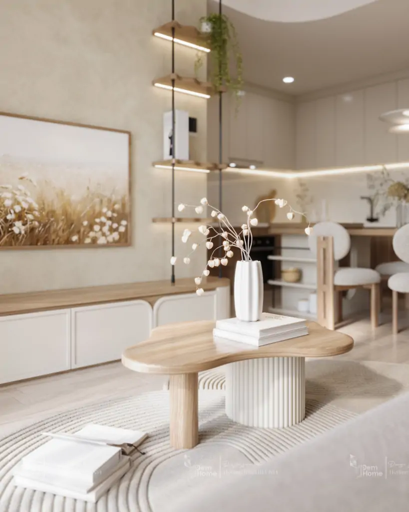 Thiết kế thi công nội thất phòng khách Wabi Sabi đẹp tại Masteri Centre Point