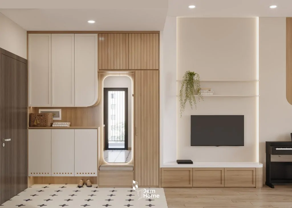 Hình 3D tivi và tủ giày dư án thiết kế nội thất Celesa Rise 105m2 Japandi
