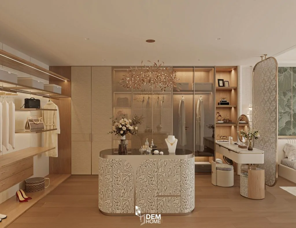 Thiết kế nội thất căn hộ Belleza 196m2 phòng thay đồ và trang điểm phòng ngủ
