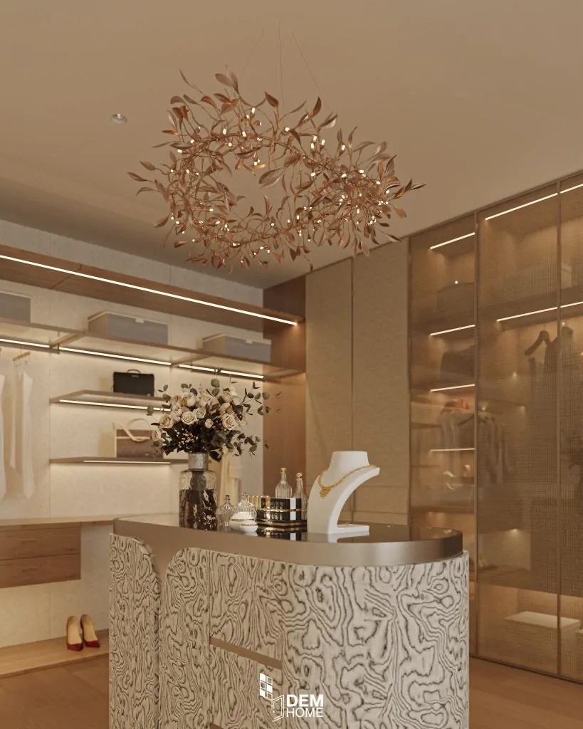 Thiết kế nội thất căn hộ Belleza 196m2 phòng thay đồ và trang điểm phòng ngủ