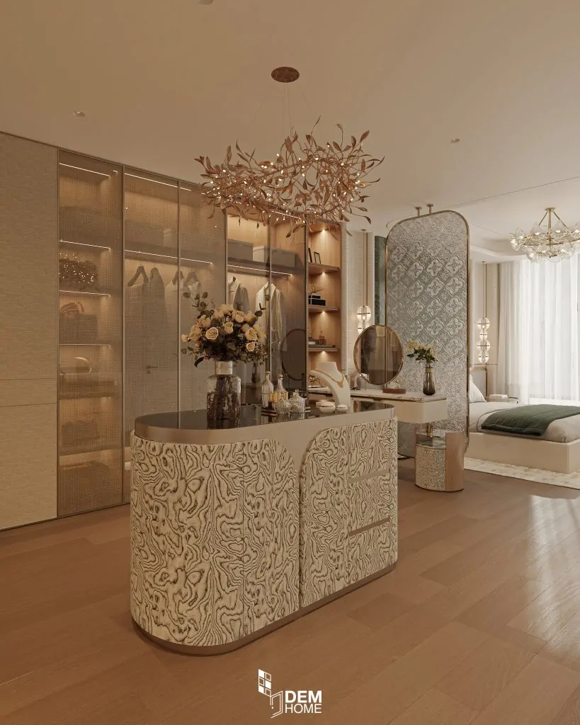 Thiết kế nội thất căn hộ Belleza 196m2 phòng thay đồ và trang điểm phòng ngủ