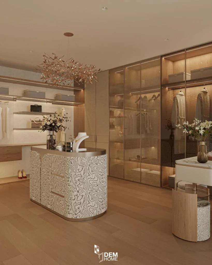 Thiết kế nội thất căn hộ Belleza 196m2 phòng thay đồ và trang điểm phòng ngủ